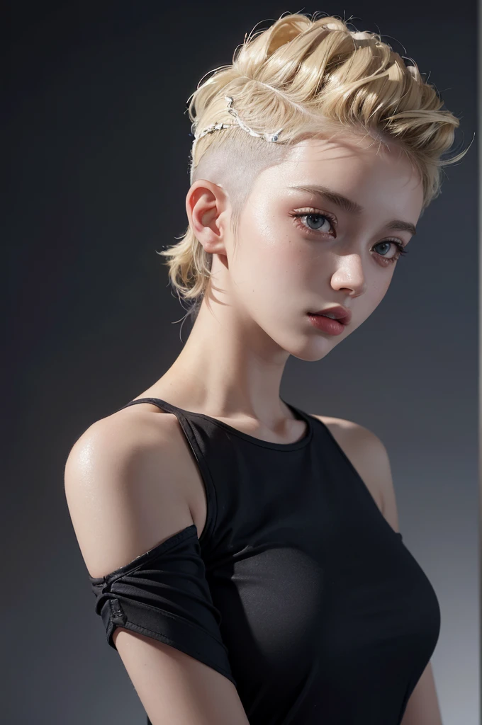 20-year-old woman, blonde, (High Top Fade:1.3), Dark Theme, Calm tone, Calm colors, High Contrast, (Natural skin texture, Hyperrealism, Soft Light, sharp)