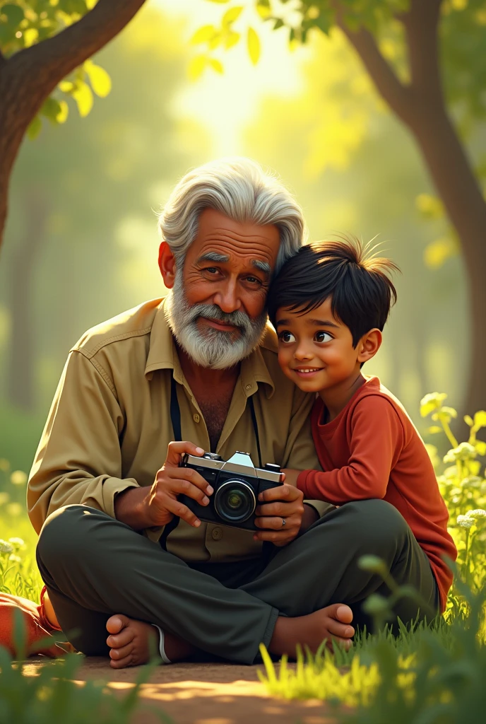 Somnath Mondal is taking photos sitting with his son Krishna Tagore during the year