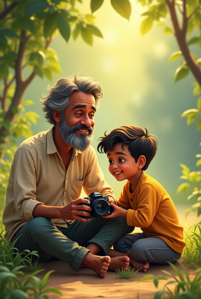 Somnath Mondal is taking photos sitting with his son Krishna Tagore during the year