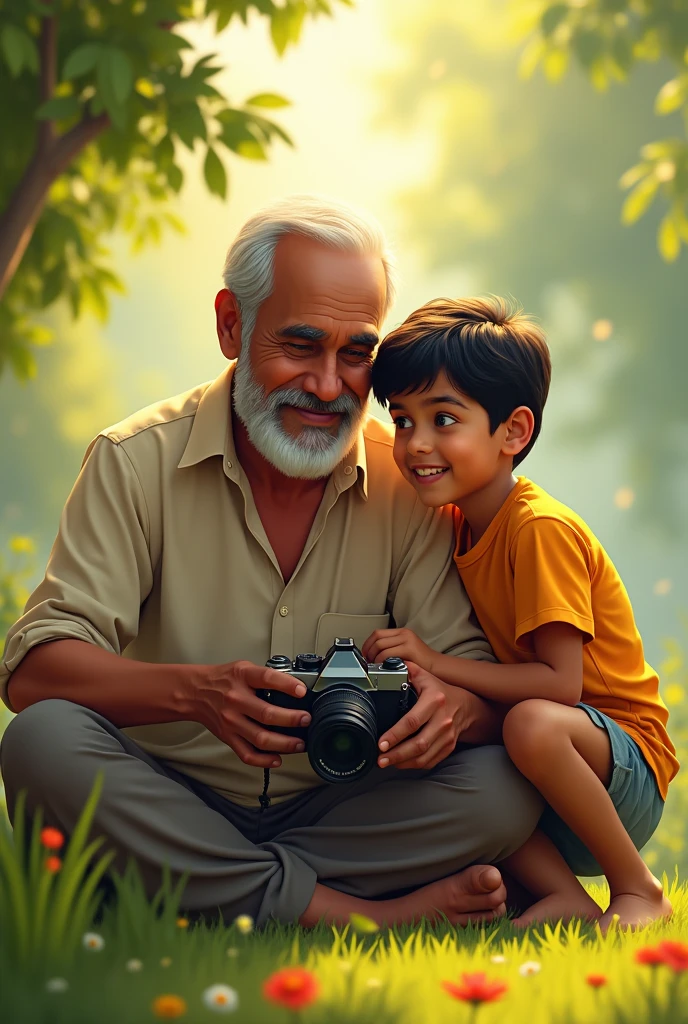 Somnath Mondal is taking photos sitting with his son Krishna Tagore during the year
