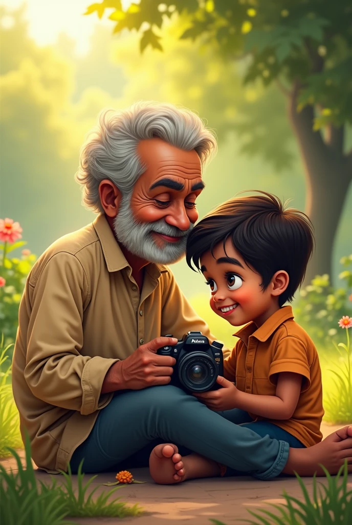 Somnath Mondal is taking photos sitting with his son Krishna Tagore during the year