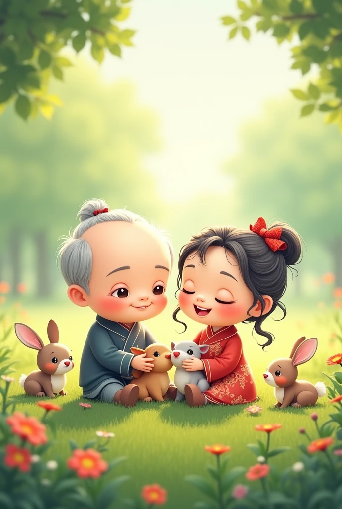 Chinese old couple in cute cantoon face to seat in grassland with aninaml (both must grey hair)