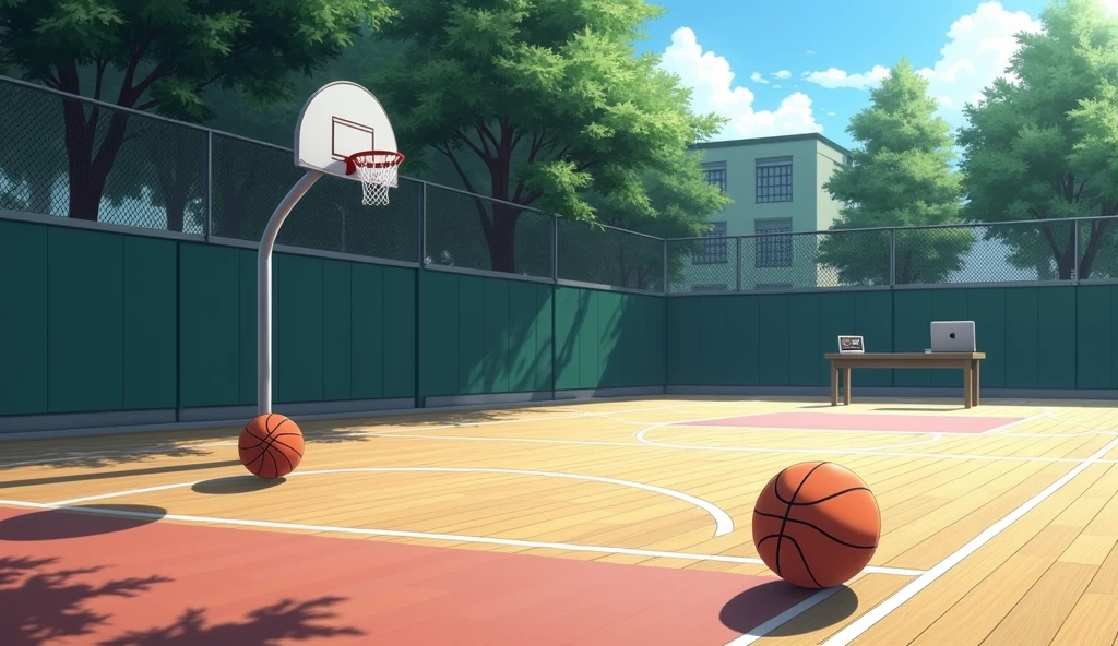 a Japanese school basketball court. the floor is wooden, the court is empty without any people; there are 2 basketball balls on the floor, and there is a table outside the court with a laptop; masterpiece, super detailed. image taken fr;om afar, anime art