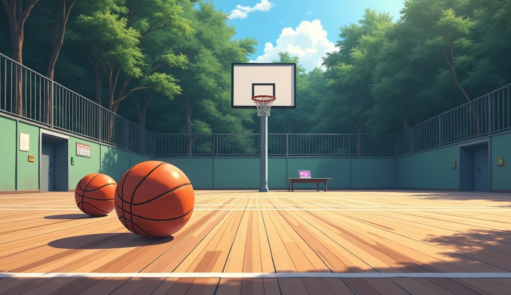 a Japanese school basketball court. the floor is wooden, the court is empty without any people; there are 2 basketball balls on the floor, and there is a table outside the court with a laptop; masterpiece, super detailed. image taken fr;om afar, anime art