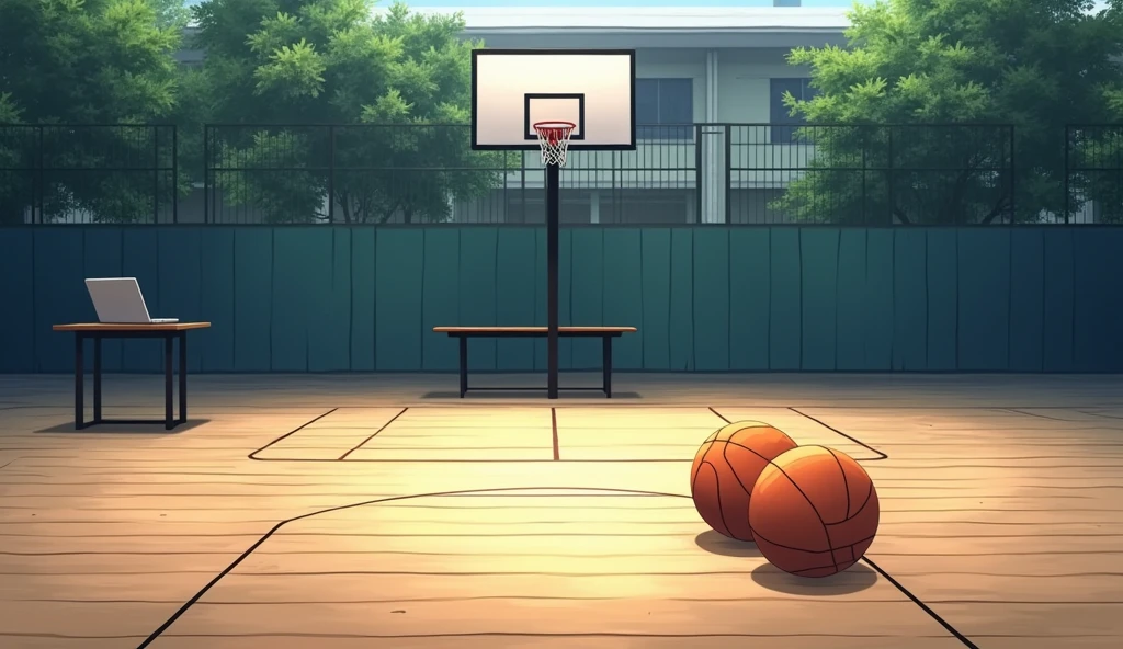 a Japanese school basketball court. the floor is wooden, the court is empty without any people; there are 2 basketball balls on the floor, and there is a table outside the court with a laptop; masterpiece, super detailed. image taken fr;om afar, anime art