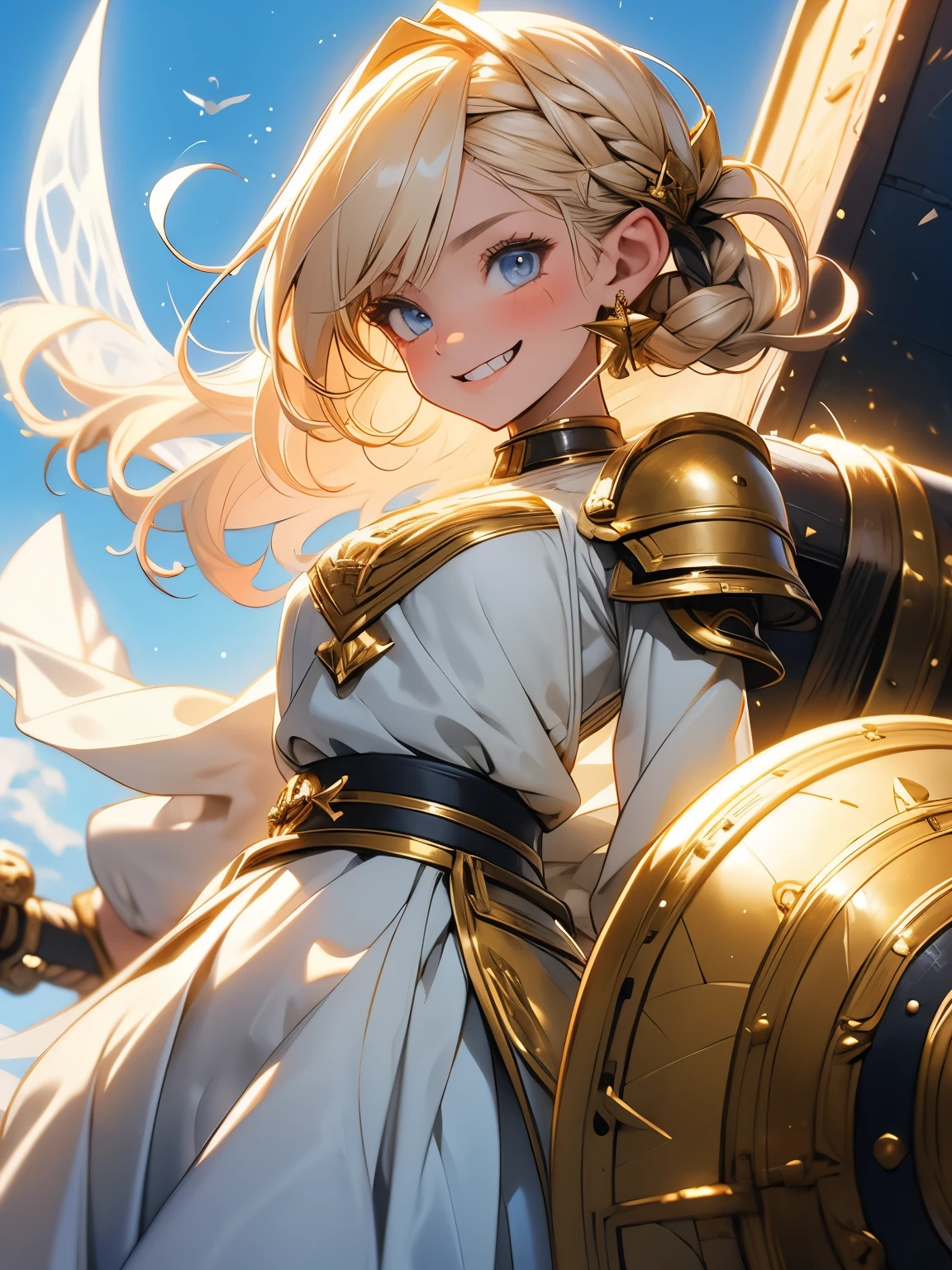 Cute fantasy anime girl, holding long heavy shield