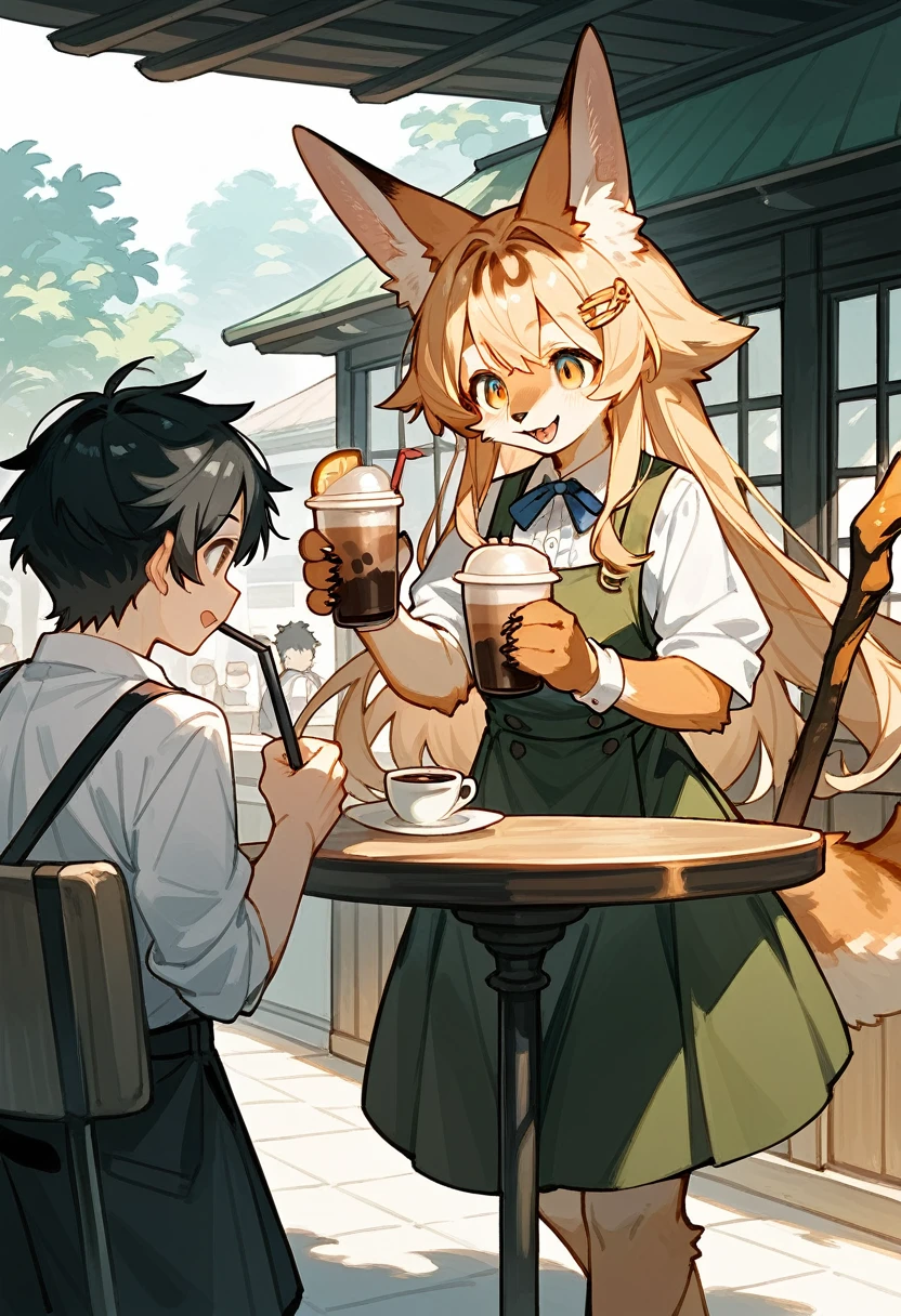 rating_safe, score_9, score_8_up, score_7_up, score_6_up, score_5_up, score_4_up, hires, source_furry(kemono, boy, girl)cafe Terrace, drink, coffee, staff,