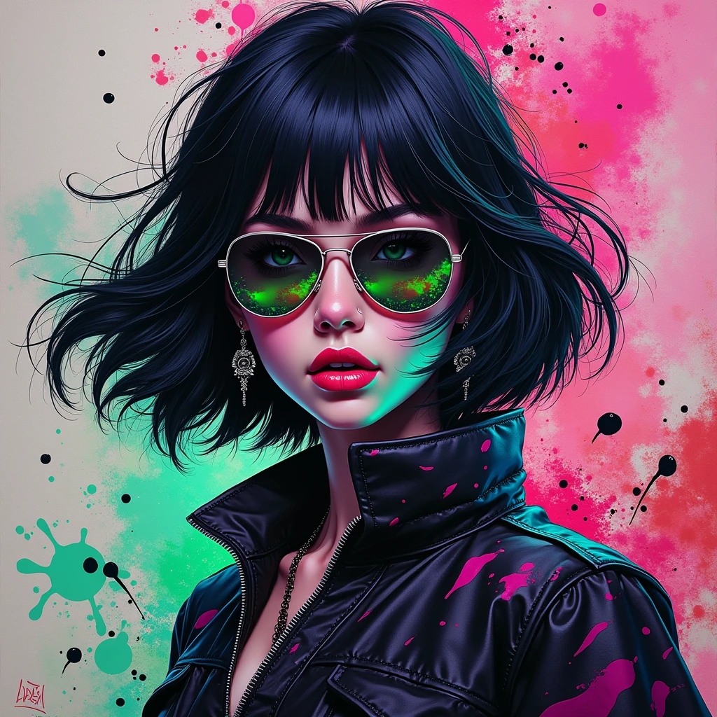 A mesmerizing dark fantasy portrait by TMann, featuring a mysterious bob-haired female rogue exuding an air of confidence. She dons stylish aviator sunglasses in striking neon shades of green, purple, and white. The canvas comes alive with bold, intricate patterns, vibrant water droplets and splashes that create a sense of depth and movement. The painting exudes a dreamy, ethereal essence, inviting the viewer into a realm of imagination and creativity. The harmonious blend of ukiyo-e and graffiti art styles results in a captivating, stunning masterpiece by the talented artist Hans Darias.