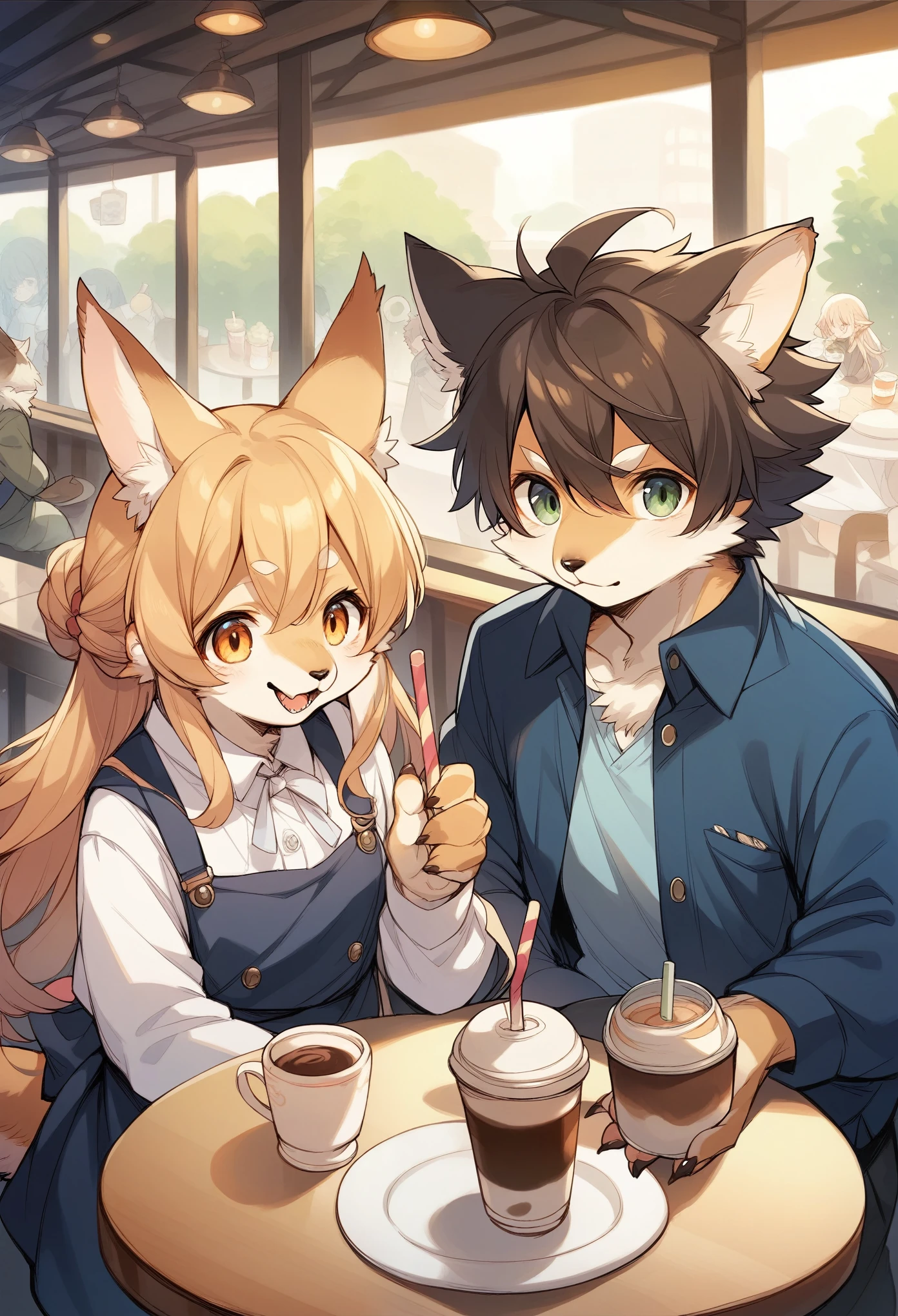 rating_safe, score_9, score_8_up, score_7_up, score_6_up, score_5_up, score_4_up, hires, source_furry(kemono, boy, girl)cafe Terrace, drink, coffee, staff,