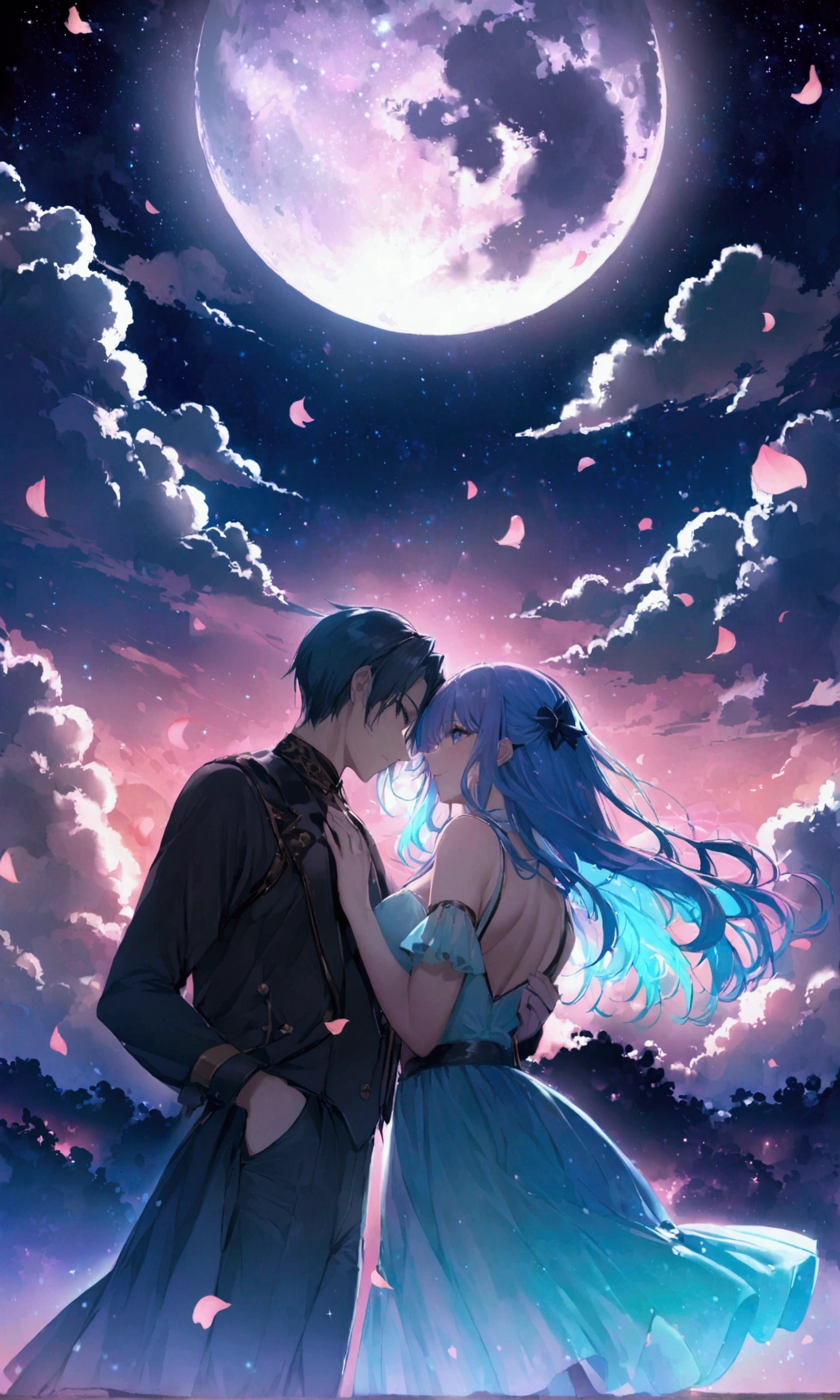 Dream colors,masterpiece,detailed,Starry sky background,cloud,Light and shadow effects，Movie Effects,colorful，Young couple,Petals rained down，Full moon night