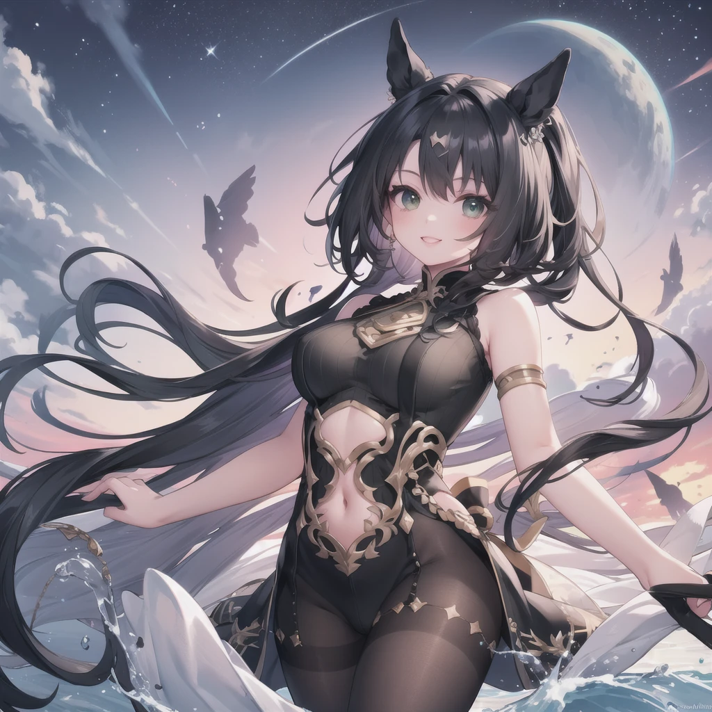 Highest quality、Highest quality、Highest Resolution、masterpiece、Anime Drawing、独奏。Dark green shoulderless long knit。pantyhose。lipstick、smile。Glamorous Body、Beautiful breasts、Touch your head with your hand、Active Posing。Black Hair、Long Hair、ponytail。Lots of hair ornaments。Beautiful child with horse ears。Night Sky、Strong winds、Chest centered。
