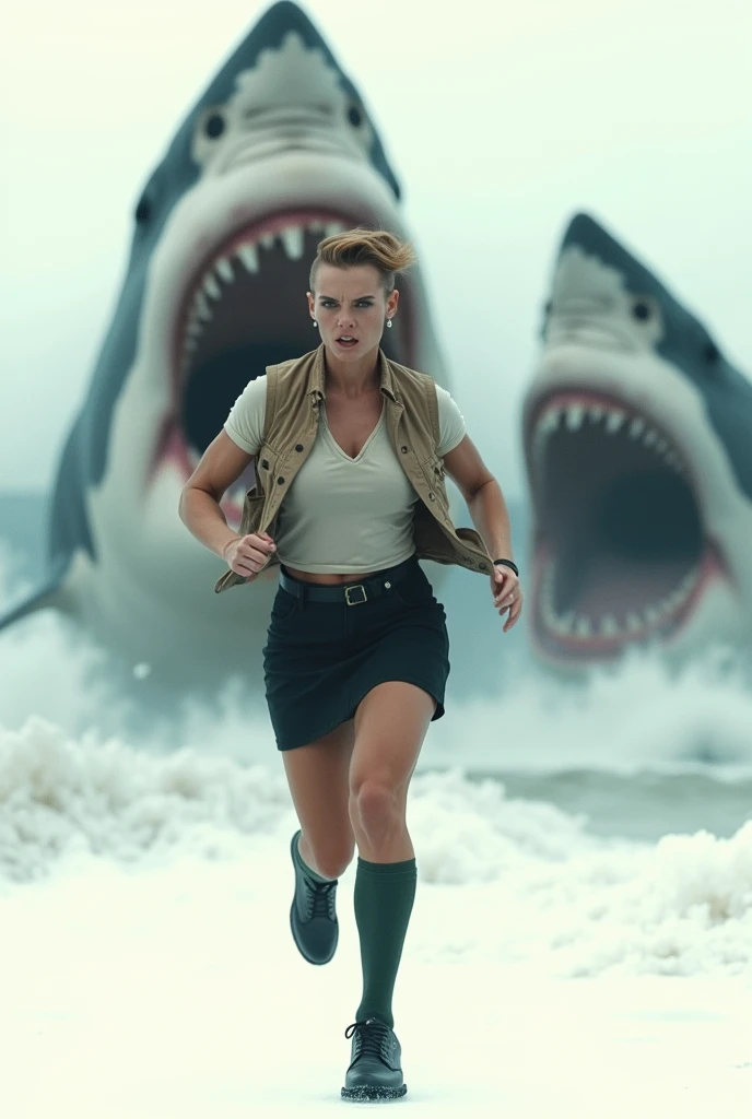 ((Highest quality)), ((photograph)), ((Run and escape)), (One person),  (Face of fear), (Women like bodybuilders), (Giant Jaws Storm), Off-white short-sleeved shirt with light brown vest、A muscular man with a bodybuilder-like build wearing a knee-length black skirt, dark green socks and black shoes.々Short-haired woman、A video of a man desperately swimming away from a large number of giant great white sharks.、Background is white、