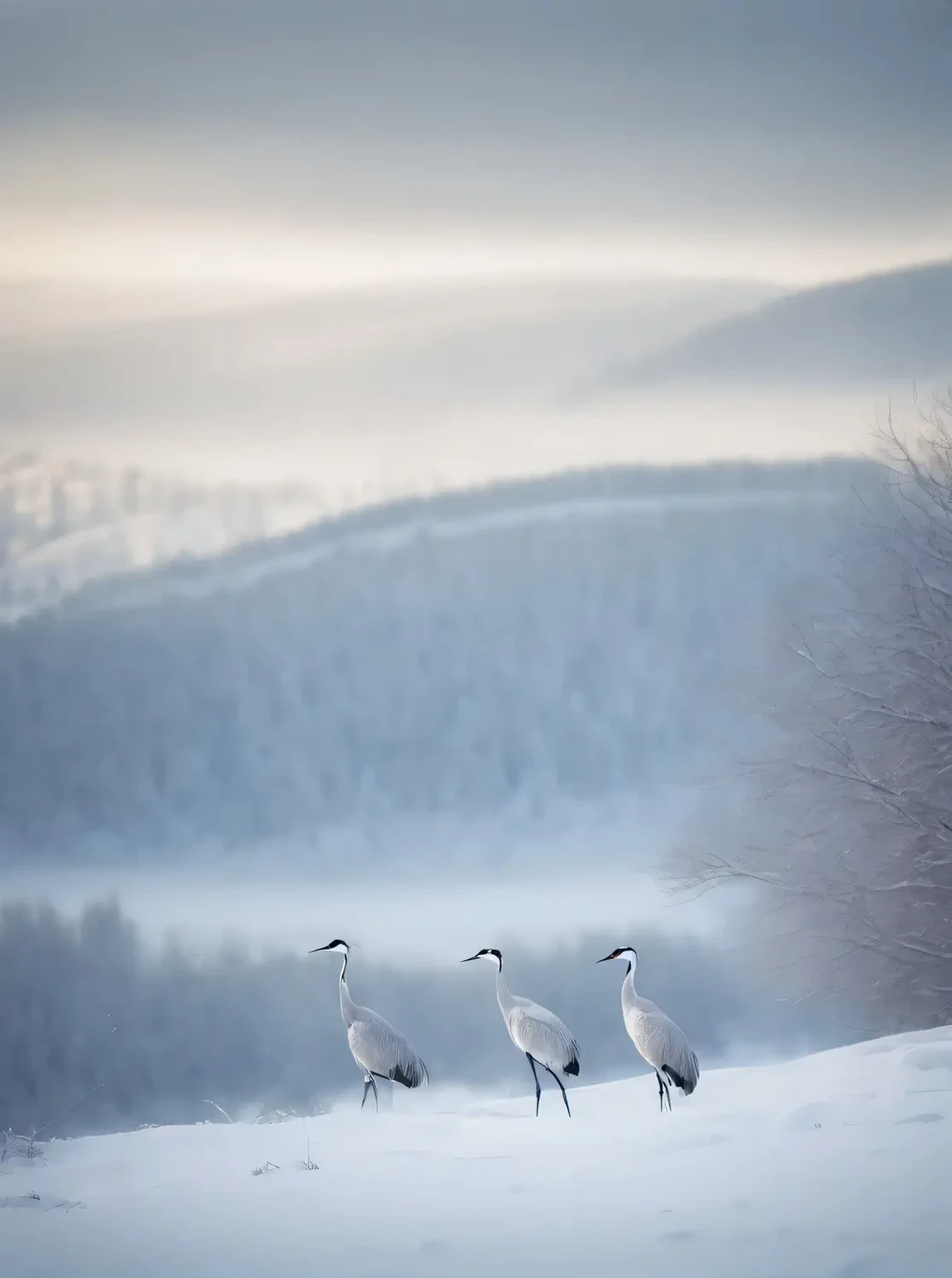 Three birds walking in the snow near a tree and a hill, cranes, Birds in the distance, Nature documentary stills, crane, japanese crane bird in center, 5 0 0 px trend, trending on 500px, A still from a nature documentary, Beautiful snowy scenery, Gentle and graceful, Wildlife photography canon, By Ibrahim Kodra, Wildlife. Atmospheric