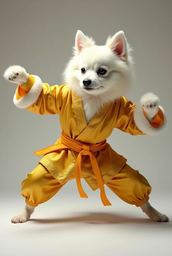 A Indian Spitz. In a gold colored martial arts outfit. Doing American kenpo. 