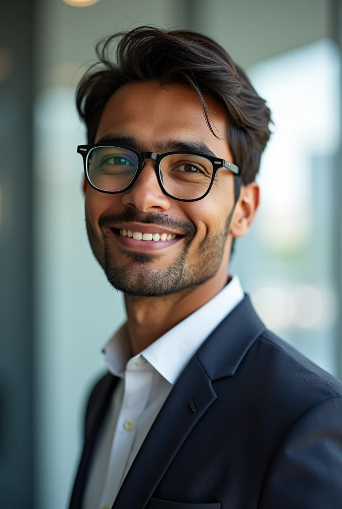 could you please draw a picture of a person looking for an entry-level IT job? He is male, not 30, has brown skin, he is from a South Asian region, wears glasses and is well groomed. He is excited to take on new challenges!