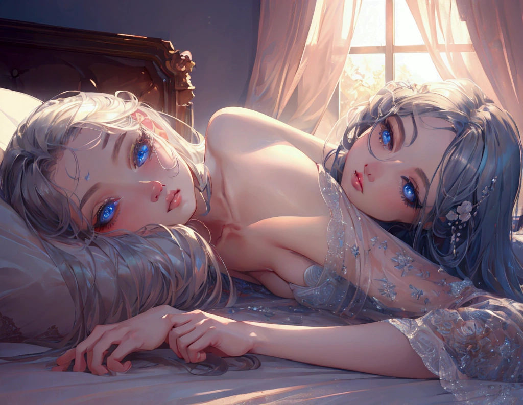 1girl on bed, beautiful detailed eyes, beautiful detailed lips, extremely detailed face and eyes, long eyelashes, serene expression, laying on white bed sheets, soft lighting, delicate skin, photorealistic, 8k, best quality, masterpiece, cinematic lighting, dramatic lighting, warm color tones, chiaroscuro