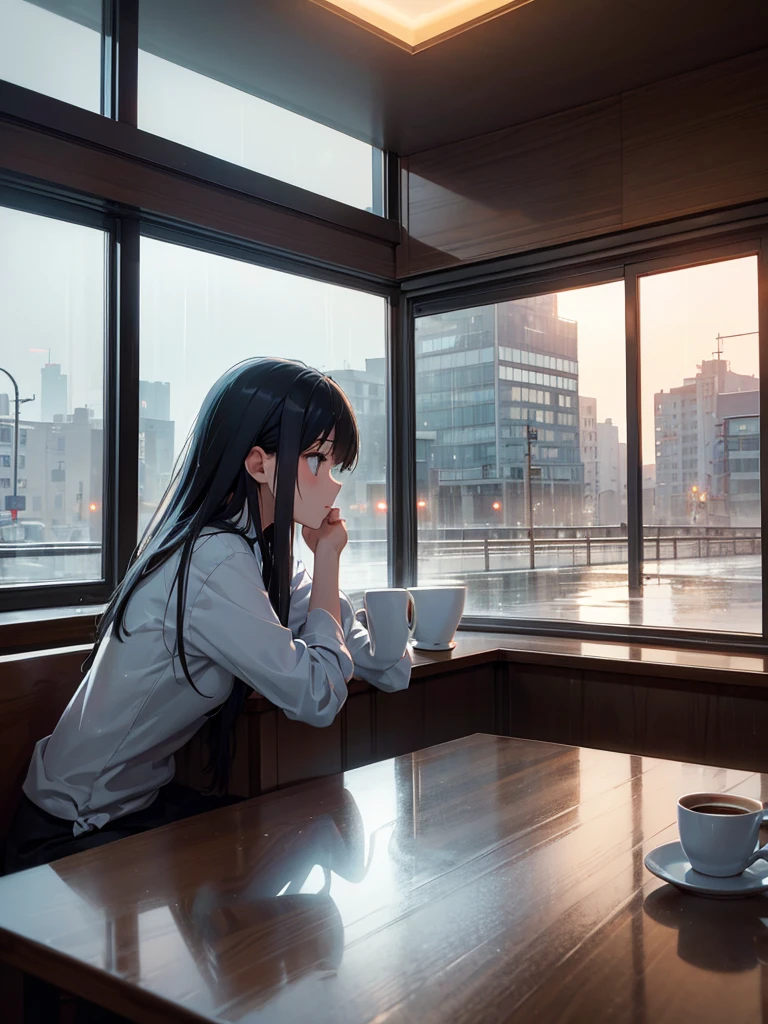 ((highest quality)), ((masterpiece)), (detailed), By the window of the café。 View of the rainy evening sky from the window of the café。 Warm lighting and muted colors。 The outside light is reflected beautifully in the window.。 A woman is sitting working while holding a mug of coffee in one hand。 Relaxed atmosphere。 -niji 6 --aspect 4:3 --stylize 2028x1536--quality 1 --chaos 0y Greg Rutkowski,