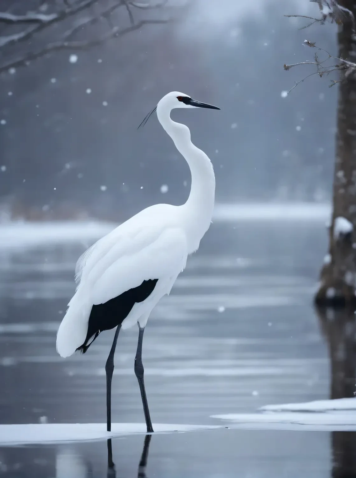 Giraffe standing on a frozen lake on a snowy day, Beautiful and elegantな, japanese crane bird in center, Gentle and graceful, crane, A still from a nature documentary, Nature documentary stills, Take a graceful pose, very Beautiful and elegant, Standing bird, Very beautiful photos, Hall々Take a pose, Strong posture, Beautiful and elegant, Striking a passionate and majestic pose
