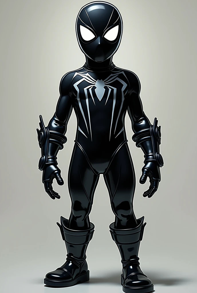 - **Color Principal:** negro.
- **style:** Glossy finish with a comic book touch.
- **mask:** Similar to Spider-Man's, but in black, with big white eyes.
- **Gloves and Boots:** negros con detalles que imitan el estilo de las caricaturas.
- **Additional Details:** Design for elasticity