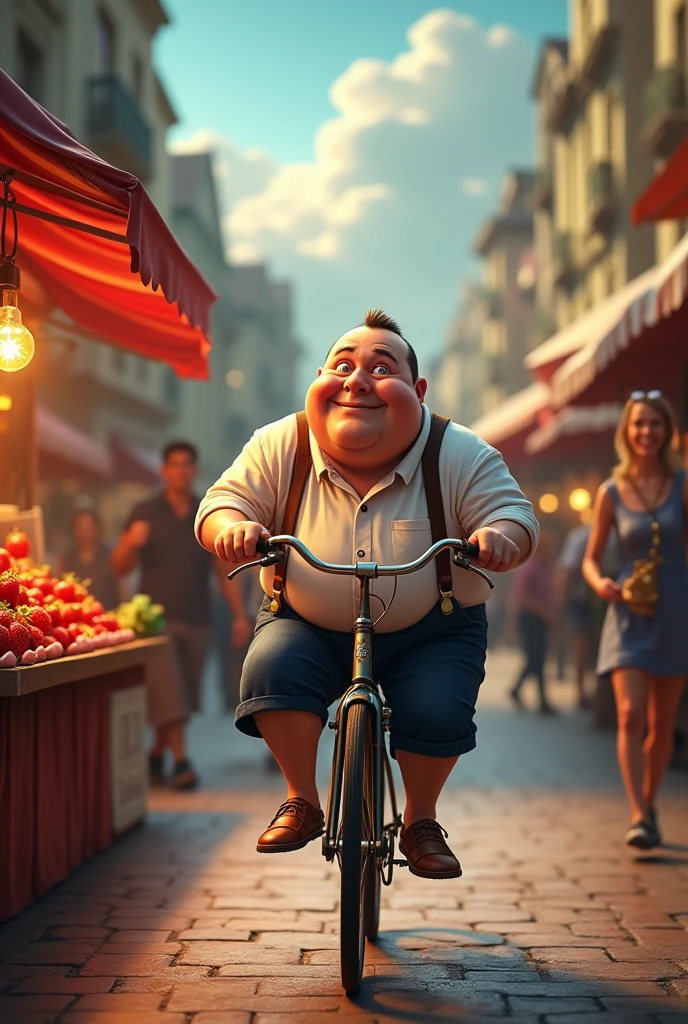 A picture of a fat man with stars in his eyes sitting on a bicycle and braking when he sees a stand with strawberry jam 