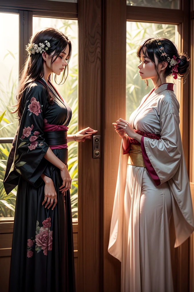 Two women stand closely together in a serene outdoor setting, wearing elegant black and gray kimonos adorned with floral patterns. Their flowing garments feature wide sleeves and cinched waists, creating a graceful silhouette. Both have long, dark hair styled intricately, with delicate accessories adding a touch of elegance. The background features soft, diffused sunlight filtering through bamboo, enhancing the tranquil ambiance.