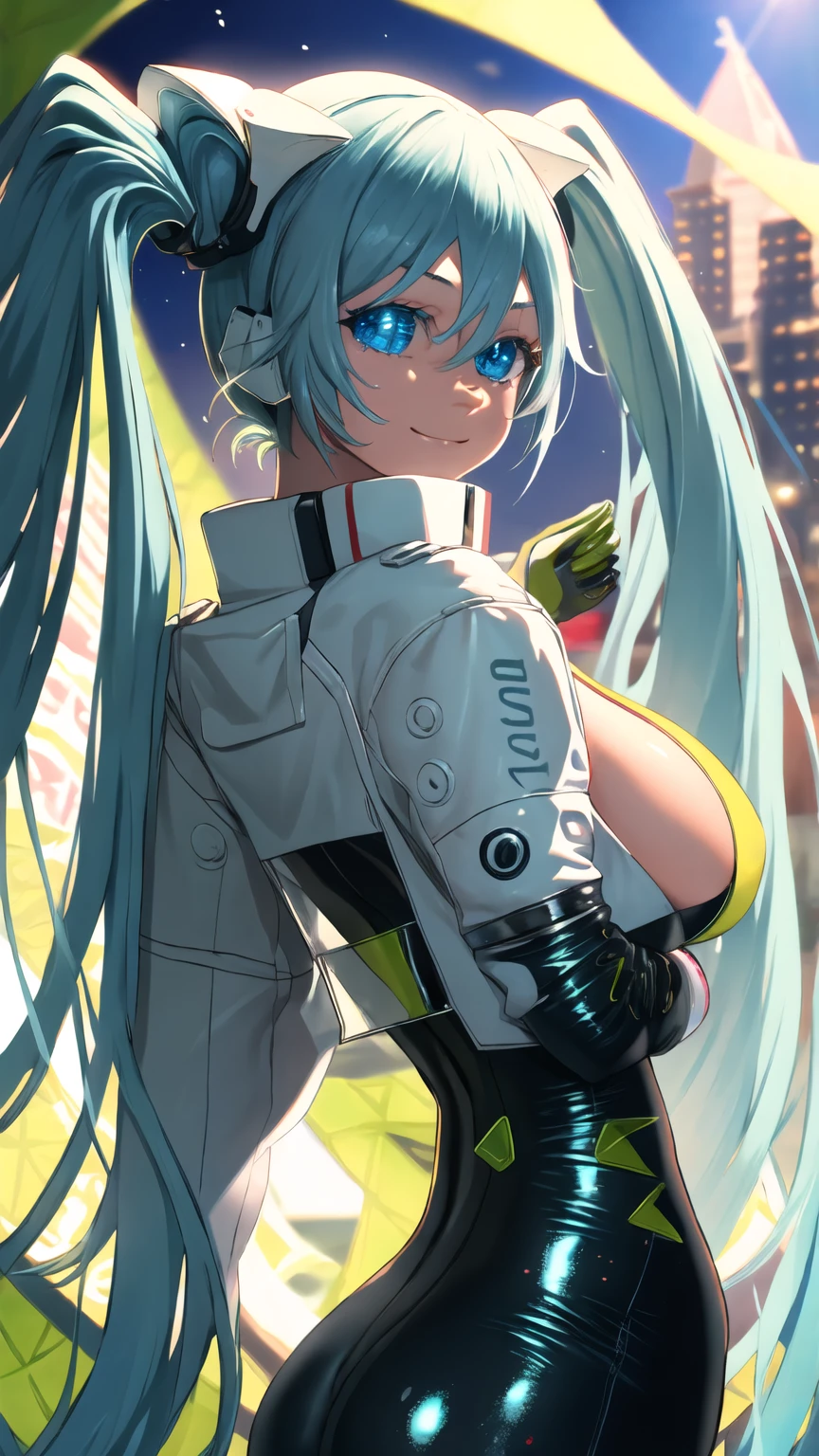 (masterpiece, Highest quality), Backlight, Lens flare, Wide Shot, Fisheye Lens , (Face Focus, Written boundary depth, close: 1.5), Super Detail, shape, colorful, (Fault Color: 1.3), (Immidshot: 1.3), video, Wide-angle, Upper Body, miku hatsune, ((Big Breasts)), Spotless, Dark green hair, Twin tails, Very long hair, Place your arms behind your back, blue eyes, Glowing Eyes, Relaxed face, eyebrow, Shiny Hair, Glowing Skin, A light smile, racing Miku, Black bodysuit, Cropped jacket, White jacket, Long sleeve, Two-tone gloves, Thigh-high boots, bright, Beautifully detailed skies, city, street