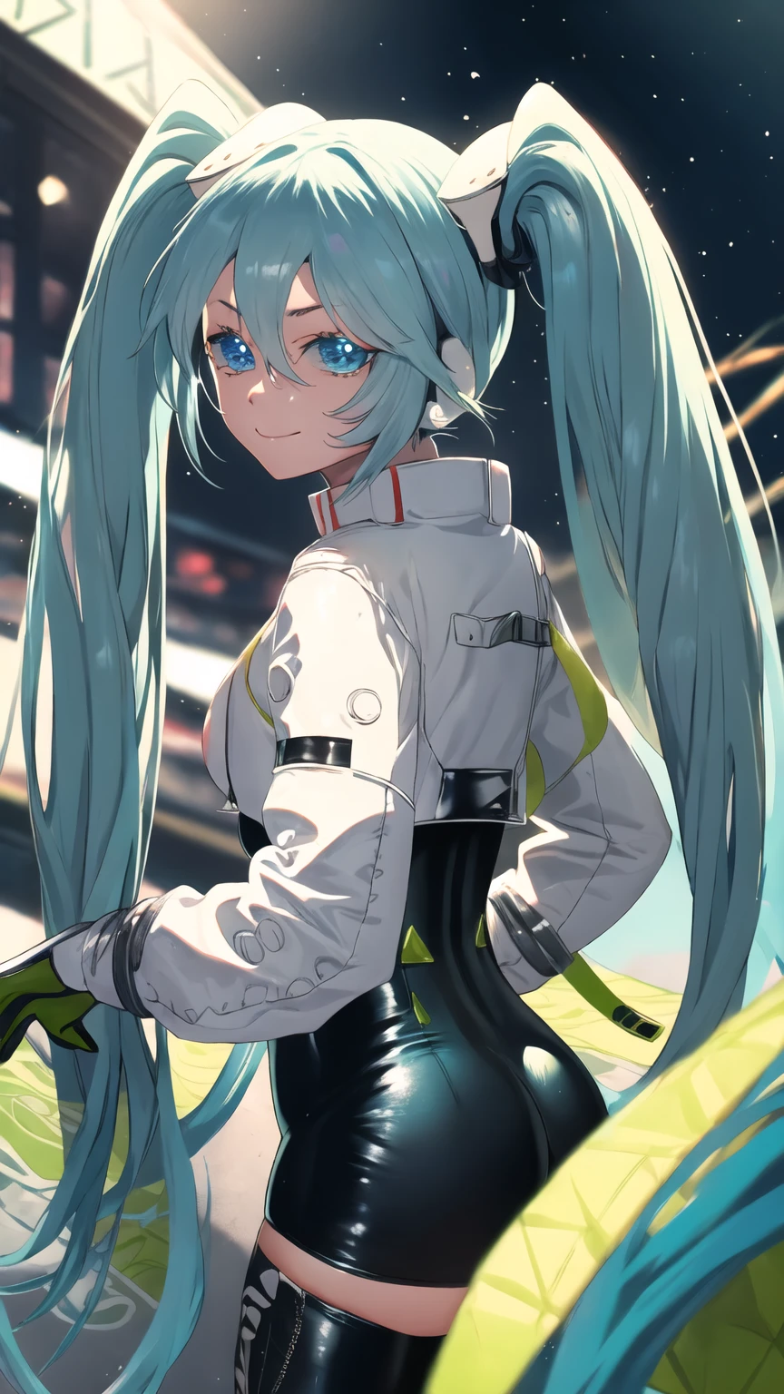 (masterpiece, Highest quality), Backlight, Lens flare, Wide Shot, Fisheye Lens , (Face Focus, Written boundary depth, close: 1.5), Super Detail, shape, colorful, (Fault Color: 1.3), (Immidshot: 1.3), video, Wide-angle, Upper Body, miku hatsune, ((Big Breasts)), Spotless, Dark green hair, Twin tails, Very long hair, Place your arms behind your back, blue eyes, Glowing Eyes, Relaxed face, eyebrow, Shiny Hair, Glowing Skin, A light smile, racing Miku, Black bodysuit, Cropped jacket, White jacket, Long sleeve, Two-tone gloves, Thigh-high boots, bright, Beautifully detailed skies, city, street