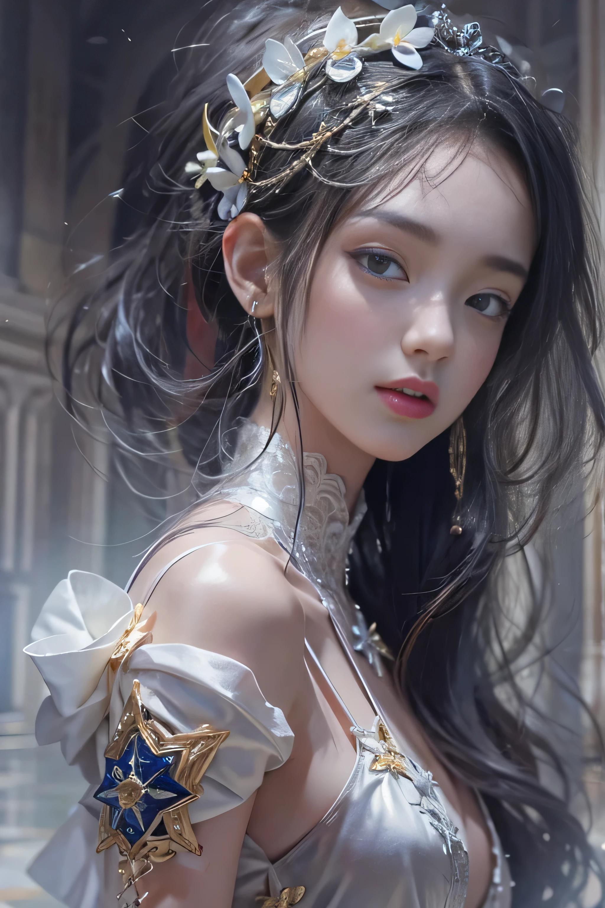 ((Kneeling on the marble floor))、flower、star、skull、A close-up detailed photo of a woman's face wearing an intricate silver metal mask decorated with musical notes、Beautiful detailed eyes、Highly detailed face and skin、Photorealistic and cinematic lighting、Dramatic Shadows、Sulky、Dark and gritty、Deep, saturated colors、Chiaroscuro,((Woman singing with a microphone)),((tears))、(surreal), (shape), (Improved resolution), (8k), (very detailed), (Best shape), (beautiful and detailed eyes), (highest quality), (Super detailed), (masterpiece ), ( wallpaper), (detailed face), 1 girl, , white dress, Large and loose chest, looking at the viewer, small details, detailed face, in the dark, deep shadow, private key, Pure erotic face ace_v1, smile, long hair, black straight hair , 46 point diagonal bangs((tmasterpiece:1.4)、(top-quality:1.4)、(reallistic:1.7))、by Luis Royo(by Luis Royo)Surreal portrait of a beautiful girl、Super beautiful girl、((1girl in:1.4))、Shiny natural skin texture、(The Queen's Gorgeous Costume)、(Off-the-shoulder white one-piece mini skirt type type:1.4)、((up skirt)),Authors:by Luis Royo(by Luis Royo)、age19、(Two arms:1.4、Two legs:1.4)、(perfect anatomia:1.4)、(Perfect female body:1.4)、Portrait photo of a girl、Close-up photos、Upper body photography、Fantasyart、Soft front light、Beautiful expression、kawaii faces、Beautiful udder、large full breasts:1.2、Beautiful ass、A detailed eye、Clearly eye-catching, beautiful and alluring、beautidful eyes、Narrow waist、Raw photo、red rip、Arrange your long hair as cool as a queen、(tiara crown:1.4、choker necklace:1.4、a necklace:1.4、耳Nipple Ring:1.4)、1 screen display、((In front of the city walls、Woman standing in front of bench)),((Translucent off-shoulder white dress))、((A smile)),((posterior view))、((Looks Back))、((White T-back panties visible)),