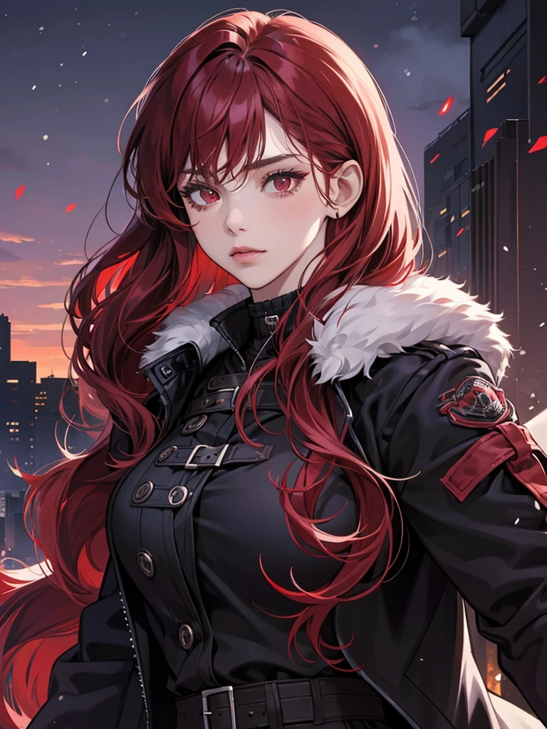 woman, red eyes, short red hair not have bangs, noble, mafia. sadistic women, wavy long hair. wear black purple winter jacket. strong woman. background in mansion, thunk
