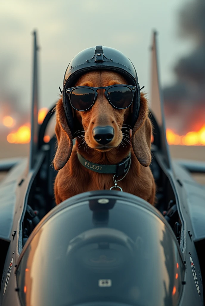 Dachshund Longhaired Brown、Boarding the cockpit of a landing F15 fighter jet、The canopy is open、The body of the fighter「JTt」it is written like this、Wearing sunglasses、Fighter pilot suit、He has a fighter pilot helmet、In the background An airfield in a hotly contested area where fighter planes are fighting