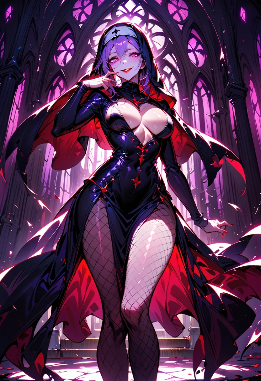 1 woman,(Highest quality,Extremely detailed depiction,Incredibly absurd high resolution,Anatomically accurate depiction,Curvy Legs,Shiny skin,Porcelain-like skin,Perfect body),(Succubus disguised as a nun,Intricately crafted robes,et tights),eyelash,(Glowing purple eyes,Crazy Eyes,half closed:1.5,There is cleavage in the cked Smile,Glossy Red Lips,Seductive gestures,Put your finger on your cheek),whole body,background:Chapel,Pink light
