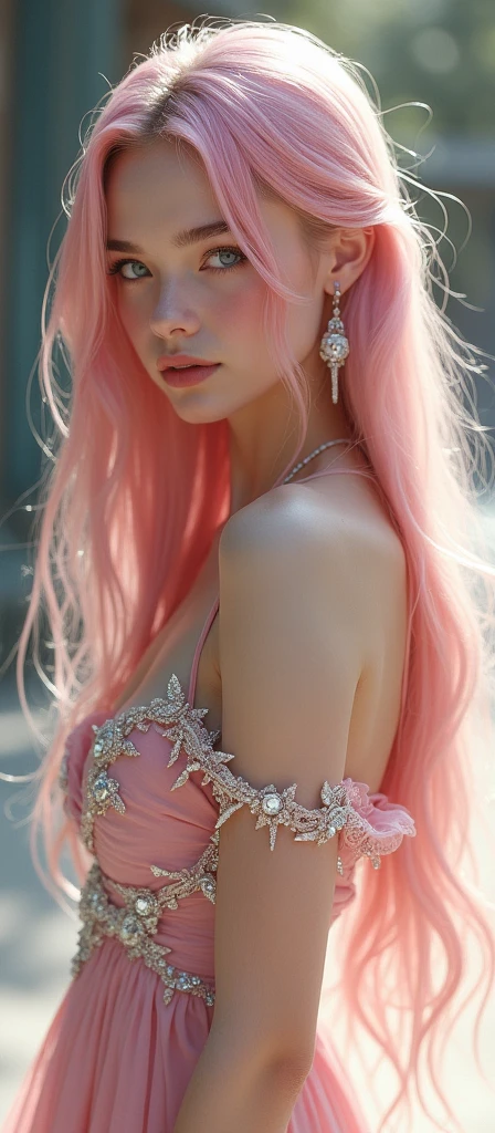 1 girl, beautiful Hooded dress, long silky hair, pink hair, High Resolution, Breasts, Blush, Earrings, Blue eyes, complex detailed eyes, light pink dress with white crystals, side view, cleavage, long chest opening, side boob