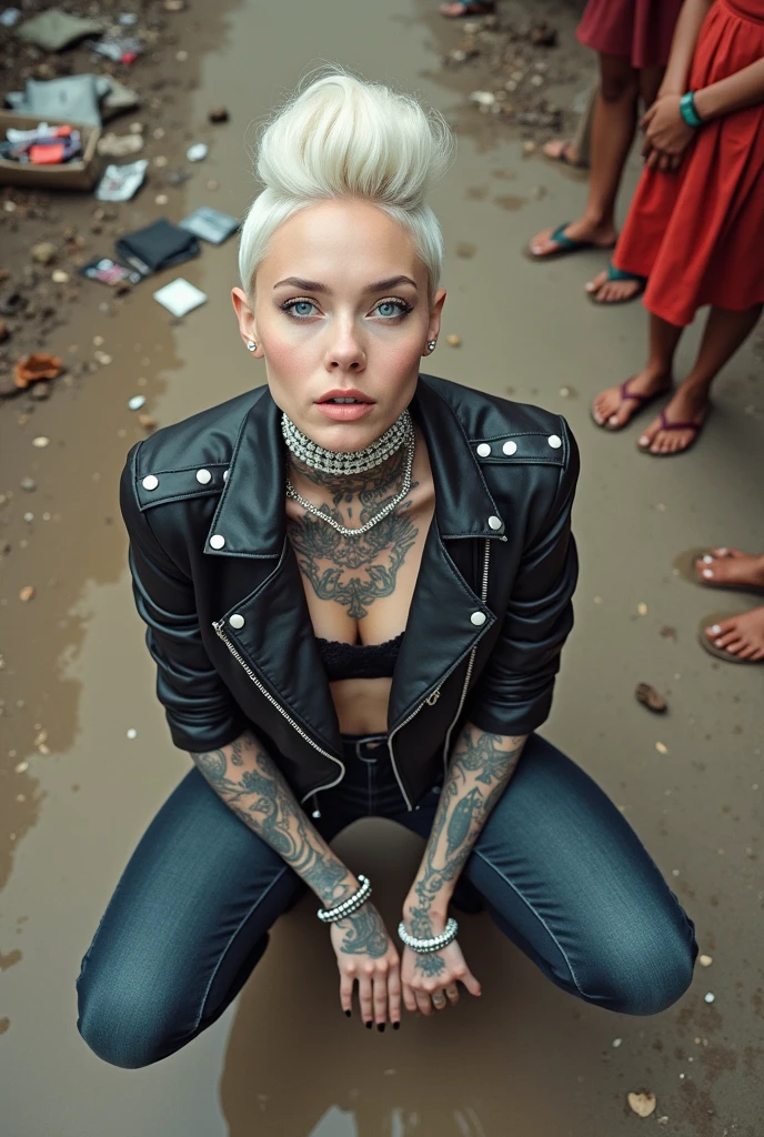russian milf woman, grey hair (high pompadour, top bun), with very light blue eyes, extremely pale skin. All neck tattooed. Hands and forearms all tattooed. Wearing cropped aged black moto jacket with lots of zippers and pins, flipped up collar.. black lace push up bra. Dark blue skinny jeans.. flip flops. . Dirty knees, dirty feet and muddy hands. Squatting on a puddle with hands on her hips, looking up, chin up, stretching her neck , humble facial expression. Black nail polish. studded black leather tote bag with chain on the floor, next to her.. Listening with tilted head,looking up in amazement to somebody speaking to her from the sky, upper teeth visible. Well toned abdominals, thin neck, slim legs and thin arms. Narrow hips Cleavage, stomach, neck, and hands completely covered with tattoos. Dirt street in Kenyan village full of waste. Lots of silver bracelets, silver pendants, and big pearl collars and necklaces around all the neck. A lot of tanned fat women in traditional dresses around looking at her. next to her, all her belongings scattered on the floor: tobacco packs, makeup kit, little makeup mirror, studded black leather tote bag, lipstick, wallet, moble etc on the floor, point of view; from above