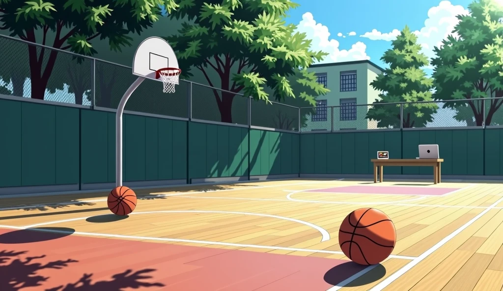 a Japanese school basketball court. the floor is wooden, the court is empty without any people; there are 2 basketball balls on the floor, and there is a table outside the court with a laptop; masterpiece, super detailed. image taken fr;om afar, anime art