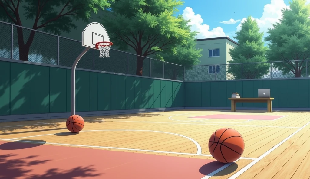 a Japanese school basketball court. the floor is wooden, the court is empty without any people; there are 2 basketball balls on the floor, and there is a table outside the court with a laptop; masterpiece, super detailed. image taken fr;om afar, anime art