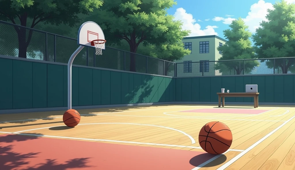 a Japanese school basketball court. the floor is wooden, the court is empty without any people; there are 2 basketball balls on the floor, and there is a table outside the court with a laptop; masterpiece, super detailed. image taken fr;om afar, anime art