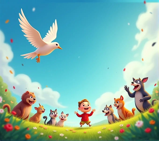 The bird flying joyfully in the sky, and Pappu and the other animals watching from below, smiling and waving.