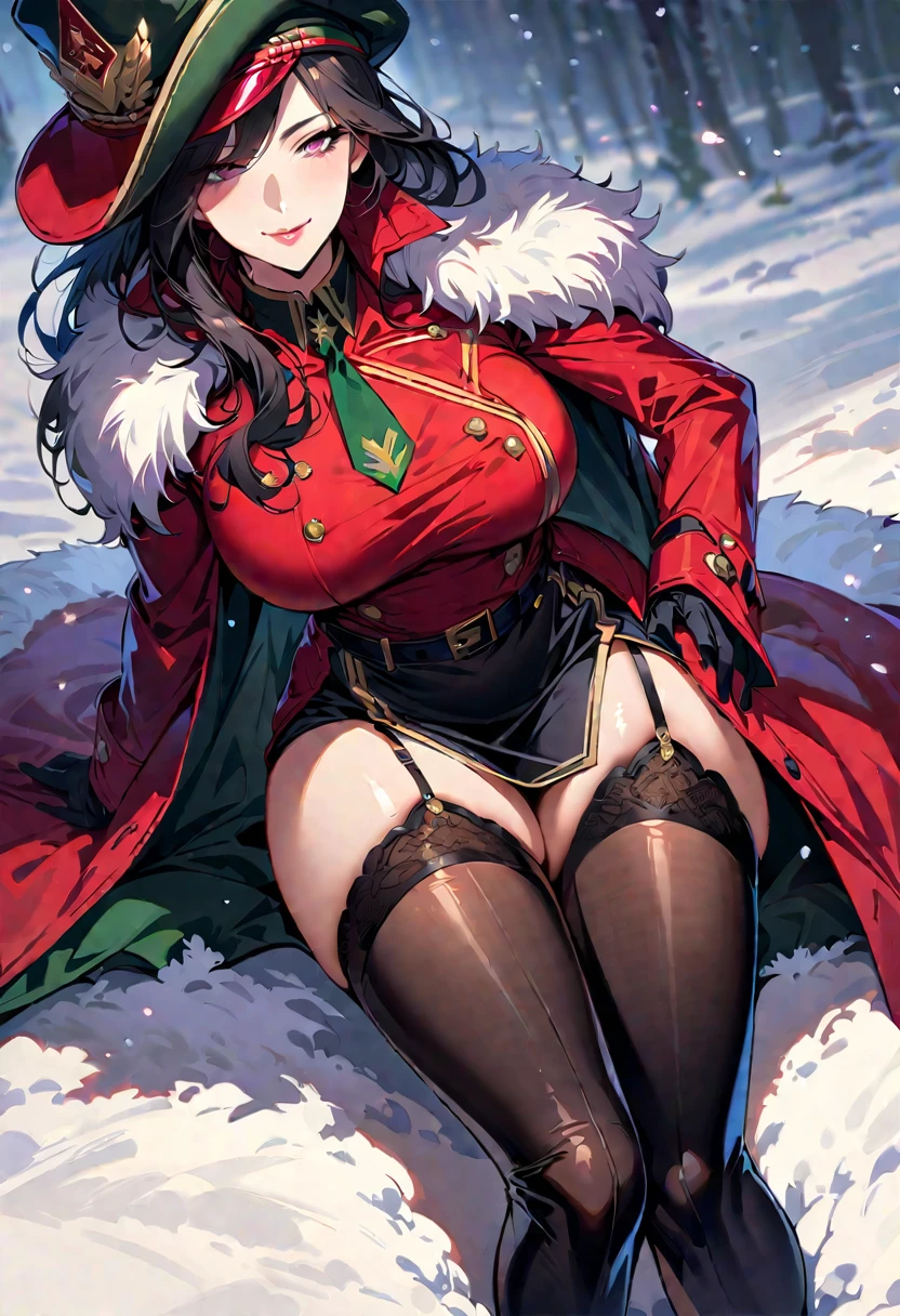 Mature beautiful woman,(Highest quality,Extremely detailed depiction,Incredibly absurd high resolution,Anatomically accurate depiction,Curvy Legs,Shiny skin,Porcelain-like skin,Perfect body),(Sexy female soldier,uniform,Tight Skirt,High heels,black tights,Hats for the winter,latex,garter belt,Winter coat),eyelash,Flashy makeup,eye shadow,Intensely glowing purple eyes,Half-closed eyes 1.4,Large Breasts,Glossy pink lips,Shadowed face,A seductive smile,whole body:1.2,(background:Snowfield:1.3),Snow Scene,It's snowing,Side view:1.3