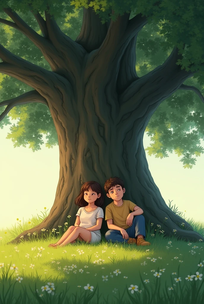Two friend Resting under a tree: Tired, they are resting under a tree.