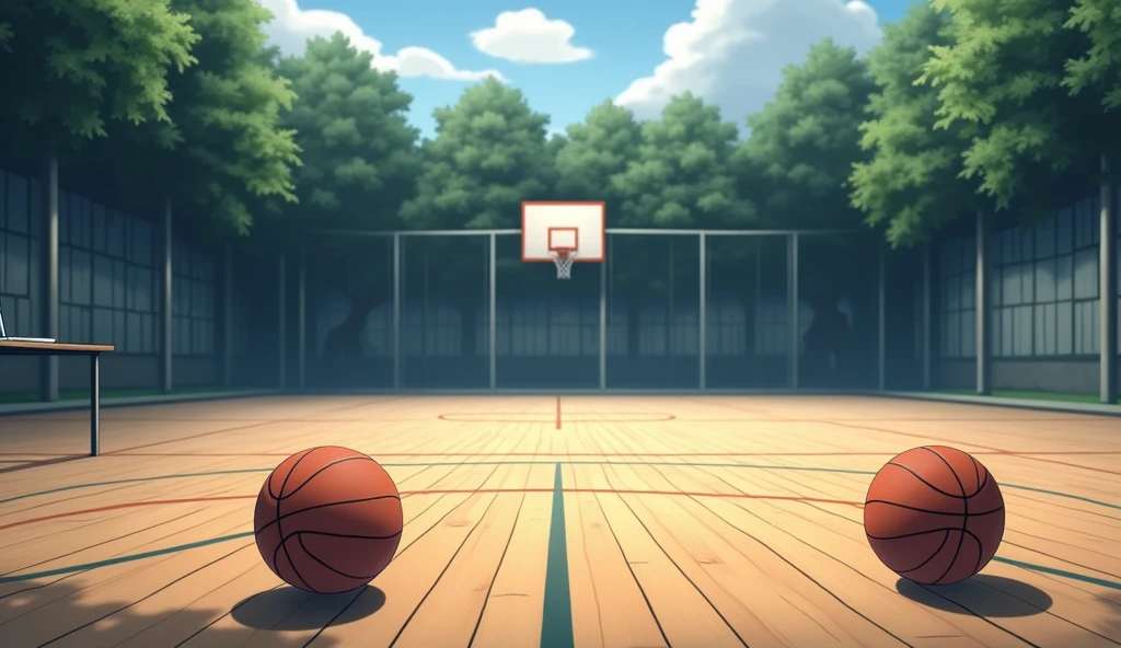a Japanese school basketball court. the floor is wooden, the court is empty without any people; there are 2 basketball balls on the floor, and there is a table outside the court with a laptop; masterpiece, super detailed. image taken fr;om afar, anime art