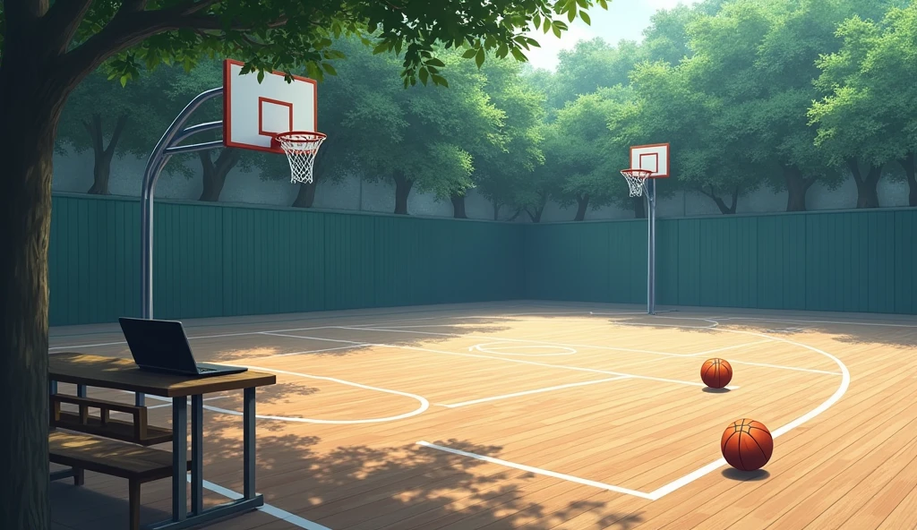 a Japanese school basketball court. the floor is wooden, the court is empty without any people; there are 2 basketball balls on the floor, and there is a table outside the court with a laptop; masterpiece, super detailed. image taken fr;om afar, anime art