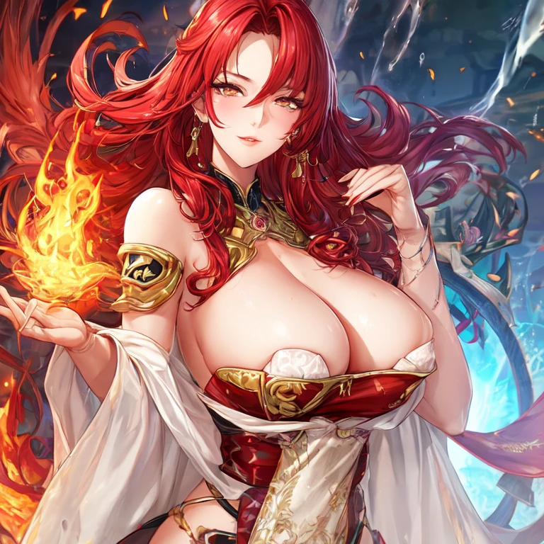 Beautiful mature milf covered in fire with red hair brown eyes big breasts UHD, textured skin, super detail, high details, high quality,
