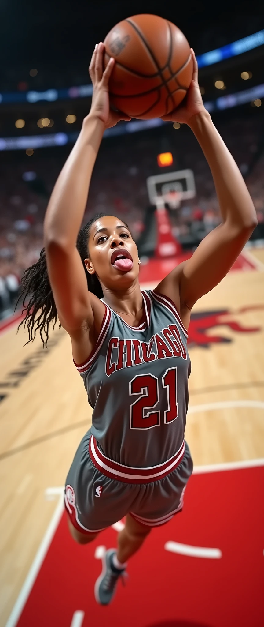 (masterpiece),(Highest quality),(Very detailed),(Ultra-high resolution),(Realistic:2.0),(RAW Photos:2.0),8k,wallpaper,(11 women:2.0),(Very beautiful woman:2.0),(Women basketball players:2.0),(Jump high with the ball in one hand to dunk:2.0),(From above:2.0),(Chicago Bulls uniform:2.0),(The woman is sticking out her tongue:2.0),(Serious:2.0),(Very detailed顔:2.0),(Very detailed手:2.0),(Detailed tongue:2.0),(Muscular:2.0),(dynamic:2.0),(Basketball court),(dynamic:2.0),(VFX:2.0)