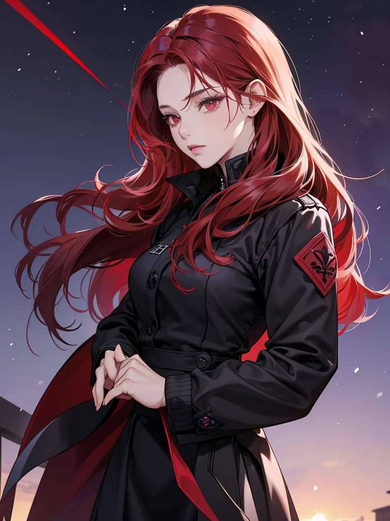 woman, red eyes, so short red hair not have bangs, noble, mafia. sadistic women, wavy long hair. wear black purple winter jacket. strong woman. background in mansion, thunk
