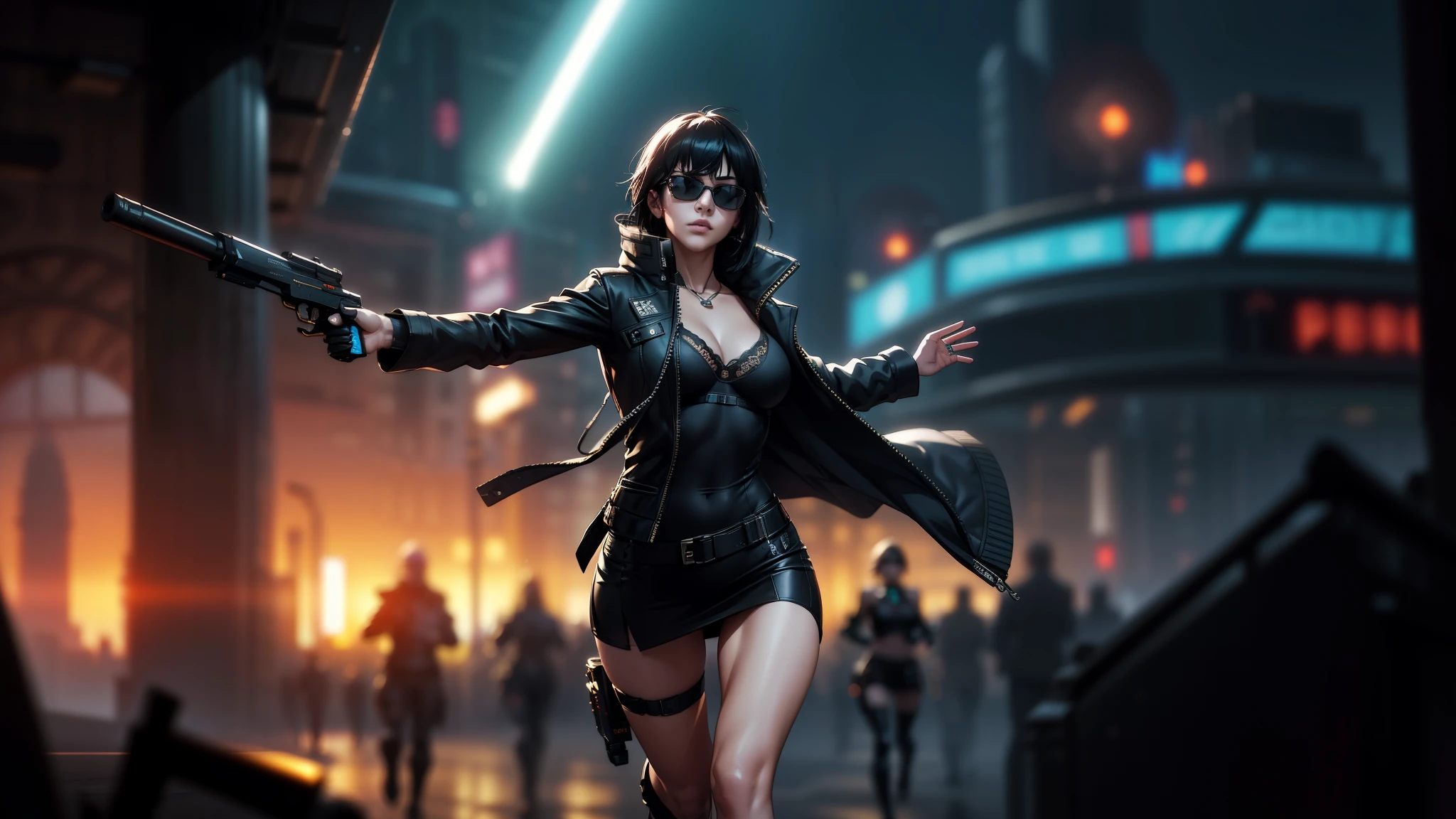 cyberpunk-style city with a nocturnal vibe with Blade Runner-like aesthetic references, glowing huge clock tower as time machine. At night, (1girl, solo, alone), photorealistic, medium-breast slim:0.6 body, oval:0.5 face, cleavage:1.1, sexy black laced bra, miniskirt, white laced panty, coat, (black micro sunglasses), (holding a short gun), (slightly leaning forward running pose), ((half-body thigh level medium shot)), cinematic lighting, ray tracing, motion blurred background.