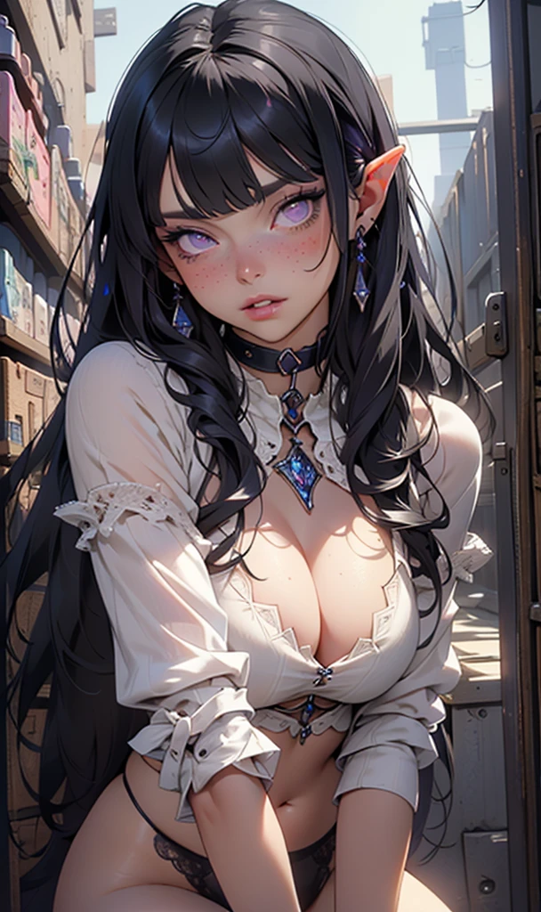 (NSFW), ((Best quality)), ((masterpiece)), (detailed: 1.5). Beautiful woman, one girl, very detailed eyes, very detailed hair, very detailed clothes, very detailed face, 2. ((Purple eyes)), ((black hair, straight hair, long hair, bangs)), pale skin, small elf ears, (black lingerie), ((large breasts)), cleavage, sexy, choker, beautiful eyelashes, eyeliner, sultry eyes, juicy lips, plump lips, soft blush, smooth skin, freckles, dolly face, thin eyebrows. Club background, (on knees), (showing ass).