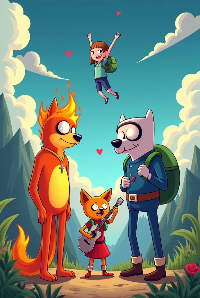 Cartoon characters flame prince, Fiona ,and Marshall Lee having a date in adventure time