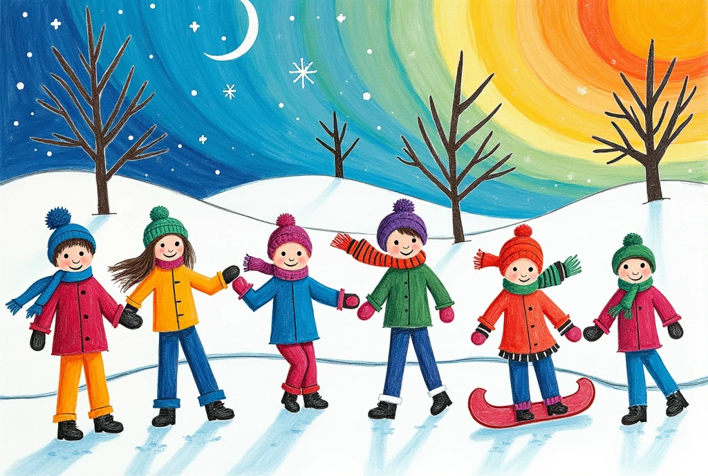 A snowy landscape drawn by a third grade elementary school student with crayons,