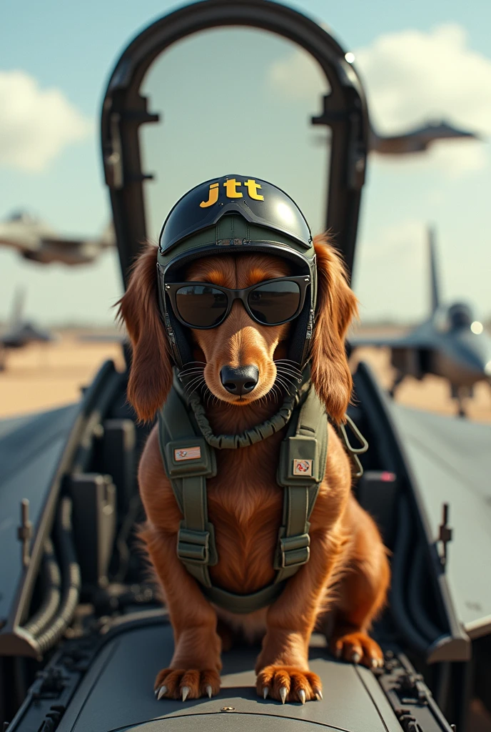 Dachshund Longhaired Brown、Boarding the cockpit of a landing F15 fighter jet、The canopy is open、ヘルメットof the fighter「JTt」it is written like this、Wearing sunglasses、Fighter pilot suit、He has a fighter pilot helmet、In the background An airfield in a hotly contested area where fighter planes are fighting