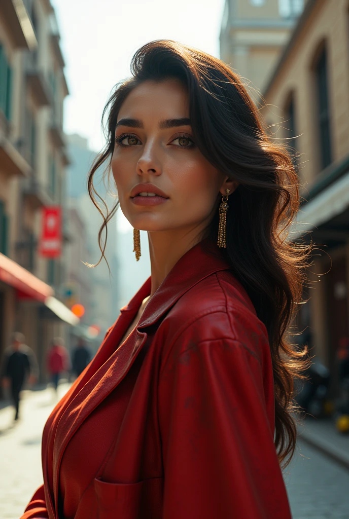 Lights. Camera. Couture. Welcome to the vogue of the streets. Our model is french 32 age full body size, a vision of elegance with her striking black hair dancing in the wind , dominates the frame. She's draped in a bold blouse, adorned with a large red flower print that screams sophistication. The gold, statement necklace rests on her collarbone, catching the light and drawing the eye. The cityscape unfolds behind her, each building a testament to the urban jungle's relentless energy. The intricate details of her outfit pop in 4K UHD, every stitch and fabric speaking volumes of craftsmanship. As she strikes a pose, there's an effortless blend of modernity and timeless beauty. This isn't just a shoot; it's a celebration of style, a dance between the art of fashion and the soul of the city. Stay inspired, stay chic. This is Vogue.